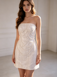 Strapless Mini Wedding Dress,Pearl Sequin Reception Dress,Sparkly Bride After Party Dress,WS25103132