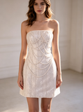 Strapless Mini Wedding Dress,Pearl Sequin Reception Dress,Sparkly Bride After Party Dress,WS25103132