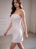 Strapless Mini Wedding Dress,Pearl Sequin Reception Dress,Sparkly Bride After Party Dress,WS25103132