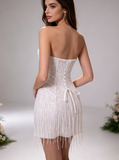 Strapless Beaded Mini Wedding Dress,Short Fringed Party Dress,Sparkly Lace Reception Dress,WS25103133