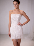 Strapless Beaded Mini Wedding Dress,Short Fringed Party Dress,Sparkly Lace Reception Dress,WS25103133