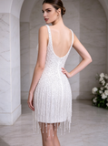 Sheath Mini Wedding Dress,Luxury Reception Dress,White Fringe Cocktail Dress,WS25103134