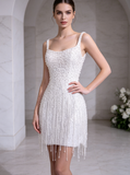 Sheath Mini Wedding Dress,Luxury Reception Dress,White Fringe Cocktail Dress,WS25103134