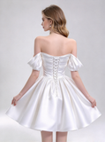 Short Satin Wedding Dress,Detached Strap Bridal Reception Dress,Off Shoulder Mini Wedding Dress,WS25113139