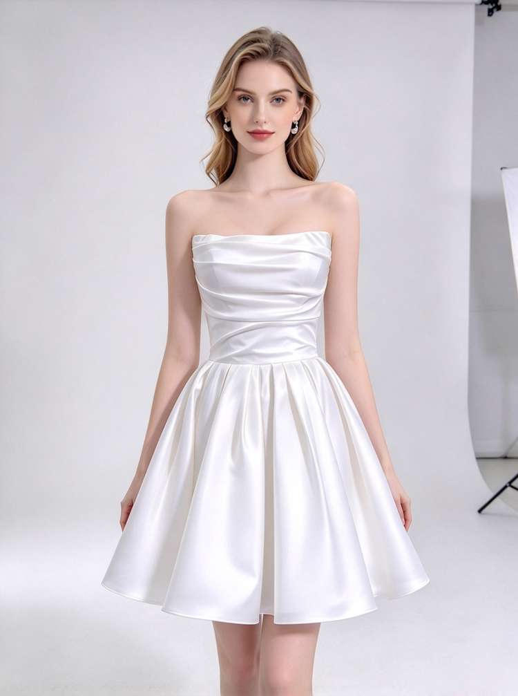 Ivory Column Blocks Short Satin Wedding Dress,Detached Strap Bridal Reception Dress,Off Sh ...