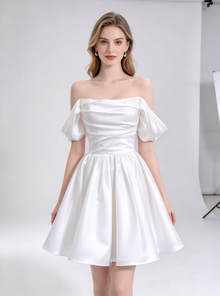 Short Satin Wedding Dress,Detached Strap Bridal Reception Dress,Off Sh ...