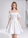 Short Satin Wedding Dress,Detached Strap Bridal Reception Dress,Off Shoulder Mini Wedding Dress,WS25113139