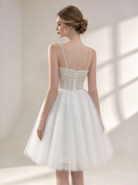 Beaded Bodice Strapless Bridal Dress,Spaghetti Strap Short Wedding Dress,Short Babydoll Gown for Modern Brides,WS25115139