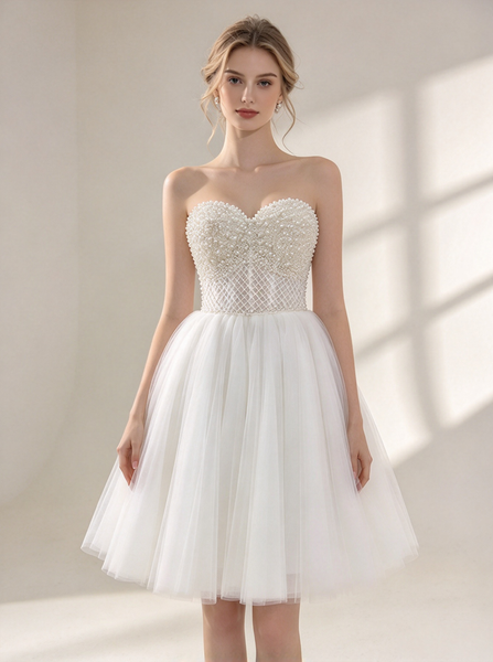 Beaded Bodice Strapless Bridal Dress,Spaghetti Strap Short Wedding Dress,Short Babydoll Gown for Modern Brides,WS25115139