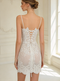 Spaghetti Straps Short Wedding Dress,Illusion Corset Mini Dress,Lace Reception Dress,WS25116139