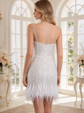 Feather Skirt Mini Dress,Short Wedding Dress,Spaghetti Straps Sequin Reception Dress,WS25118139