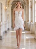 Feather Skirt Mini Dress,Short Wedding Dress,Spaghetti Straps Sequin Reception Dress,WS25118139