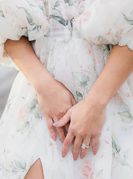 Floral Print Detachable Sleeve Wedding Dress,A-line Organza Wedding Dress With Slit,WS25103119