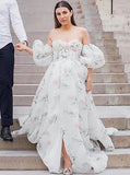 Floral Print Detachable Sleeve Wedding Dress,A-line Organza Wedding Dress With Slit,WS25103119