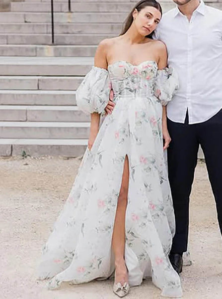 Floral Print Detachable Sleeve Wedding Dress,A-line Organza Wedding Dress With Slit,WS25103119