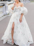 Floral Print Detachable Sleeve Wedding Dress,A-line Organza Wedding Dress With Slit,WS25103119