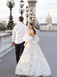 Floral Print Detachable Sleeve Wedding Dress,A-line Organza Wedding Dress With Slit,WS25103119