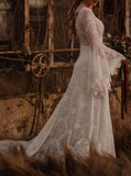 A-line Plunging Neckline Wedding Dress,Bell Sleeves Lace Bridal Gown,WS25103117