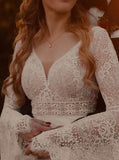A-line Plunging Neckline Wedding Dress,Bell Sleeves Lace Bridal Gown,WS25103117