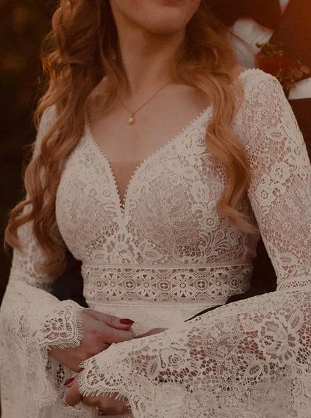 A-line Plunging Neckline Wedding Dress,Bell Sleeves Lace Bridal Gown,WS25103117