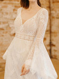A-line Plunging Neckline Wedding Dress,Bell Sleeves Lace Bridal Gown,WS25103117