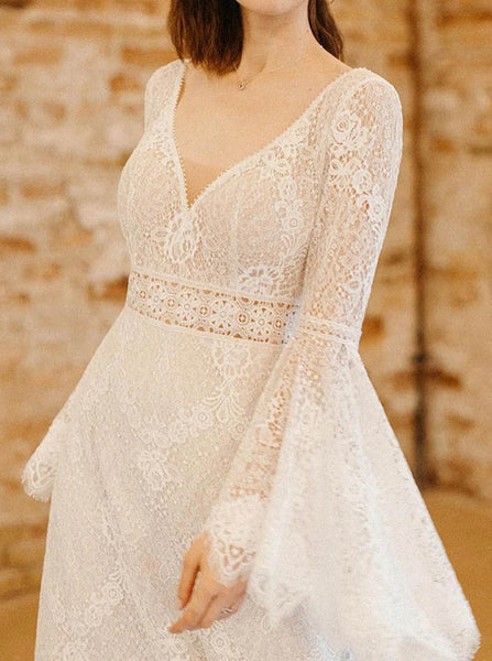 A-line Plunging Neckline Wedding Dress,Bell Sleeves Lace Bridal Gown,WS25103117