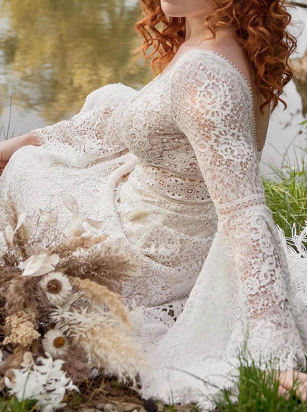A-line Plunging Neckline Wedding Dress,Bell Sleeves Lace Bridal Gown,WS25103117