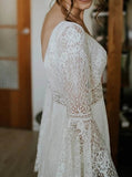 A-line Plunging Neckline Wedding Dress,Bell Sleeves Lace Bridal Gown,WS25103117