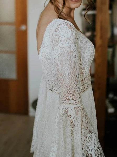 A-line Plunging Neckline Wedding Dress,Bell Sleeves Lace Bridal Gown,WS25103117