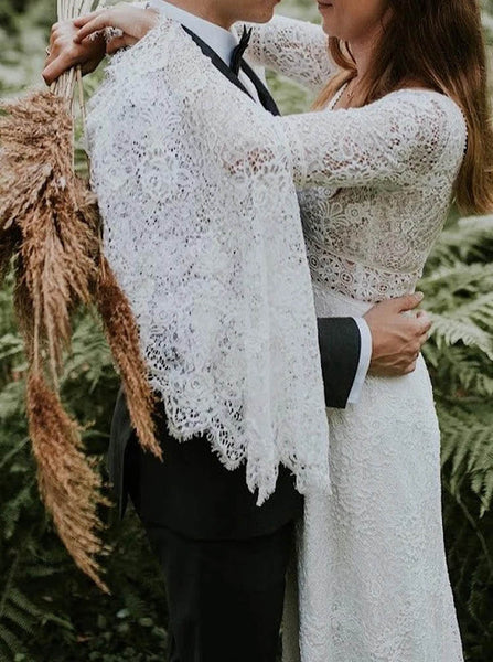 A-line Plunging Neckline Wedding Dress,Bell Sleeves Lace Bridal Gown,WS25103117