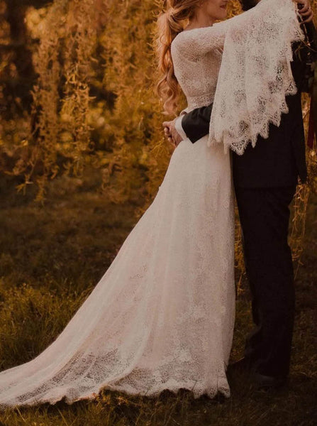 A-line Plunging Neckline Wedding Dress,Bell Sleeves Lace Bridal Gown,WS25103117