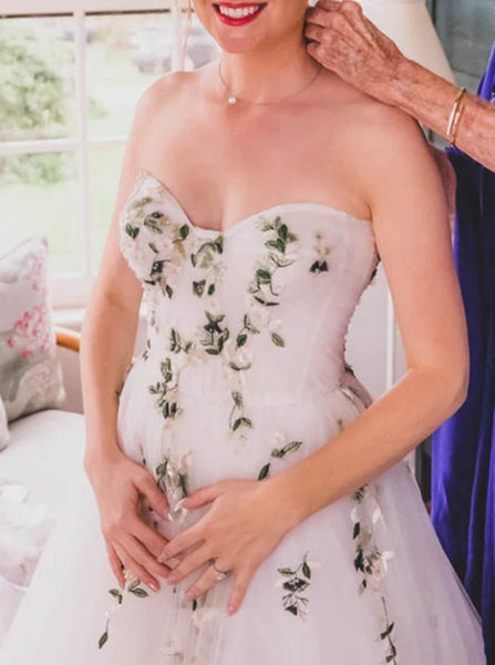 A-line Sweetheart Neck Bridal Gown,Green Embroidered Wedding Dress,WS25103115