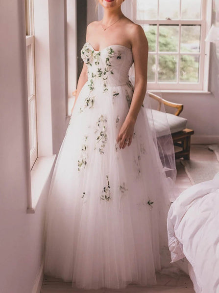 A-line Sweetheart Neck Bridal Gown,Green Embroidered Wedding Dress,WS25103115