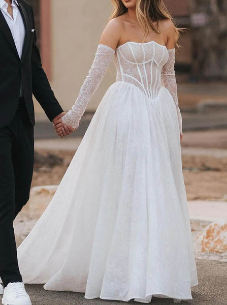 A-line Lace Wedding Gown With Removable Sleeves,Strapless Wedding Dress,WS25103114