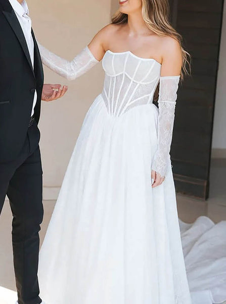 A-line Lace Wedding Gown With Removable Sleeves,Strapless Wedding Dress,WS25103114