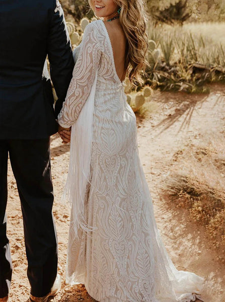 Open Back Lace Wedding Gown,Fringe Sleeve Wedding Dress,WS25103110
