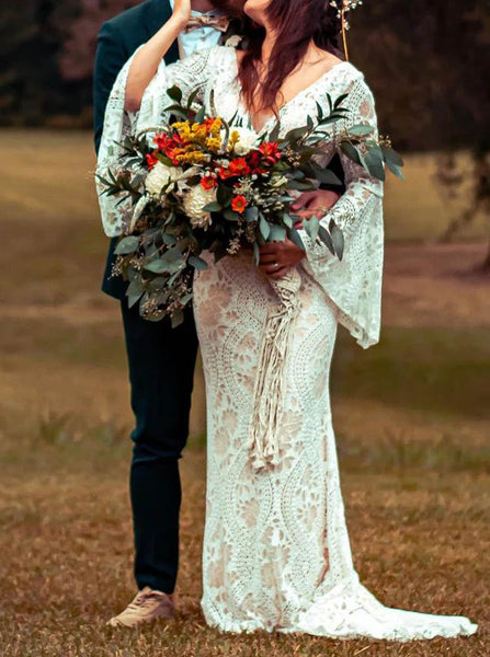 Boho Lace Wedding Dress With Bell Sleeve,Fit And Flare Destination Bridal Dress,WS25103109