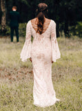 Boho Lace Wedding Dress With Bell Sleeve,Fit And Flare Destination Bridal Dress,WS25103109