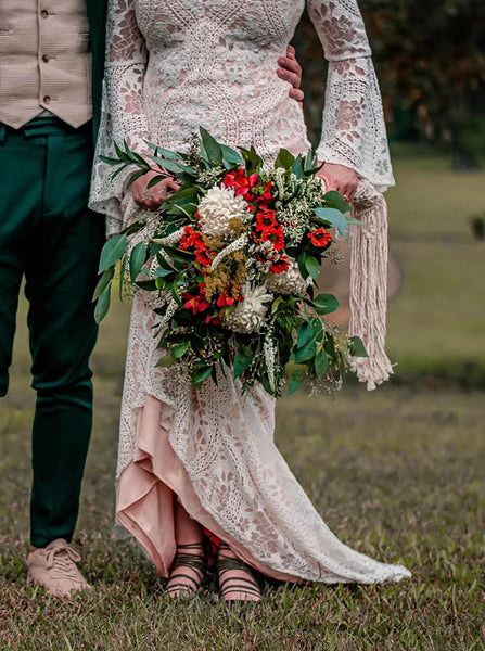 Boho Lace Wedding Dress With Bell Sleeve,Fit And Flare Destination Bridal Dress,WS25103109