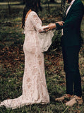 Boho Lace Wedding Dress With Bell Sleeve,Fit And Flare Destination Bridal Dress,WS25103109