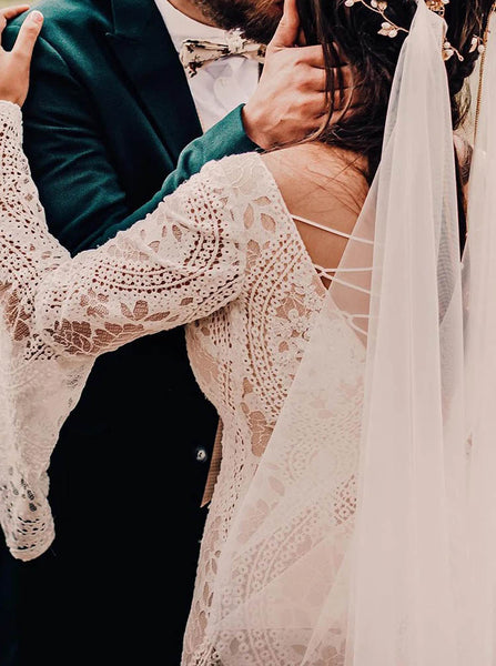 Boho Lace Wedding Dress With Bell Sleeve,Fit And Flare Destination Bridal Dress,WS25103109