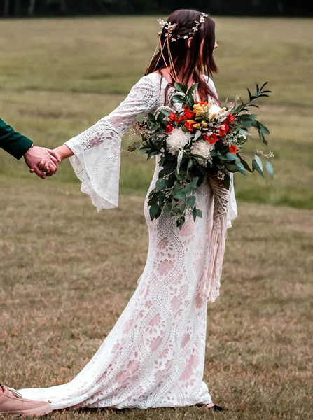Boho Lace Wedding Dress With Bell Sleeve,Fit And Flare Destination Bridal Dress,WS25103109