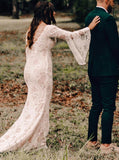 Boho Lace Wedding Dress With Bell Sleeve,Fit And Flare Destination Bridal Dress,WS25103109