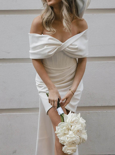 Bow Back Off The Shoulder Dress,Fitted Short Wedding Dress,WS25103107
