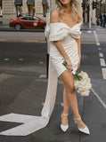 Bow Back Off The Shoulder Dress,Fitted Short Wedding Dress,WS25103107