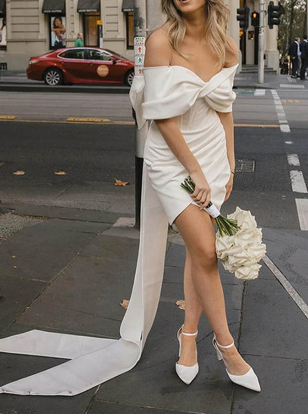 Bow Back Off The Shoulder Dress,Fitted Short Wedding Dress,WS25103107