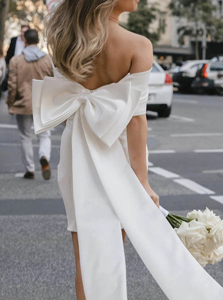 Bow Back Off The Shoulder Dress,Fitted Short Wedding Dress,WS25103107