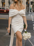 Bow Back Off The Shoulder Dress,Fitted Short Wedding Dress,WS25103107