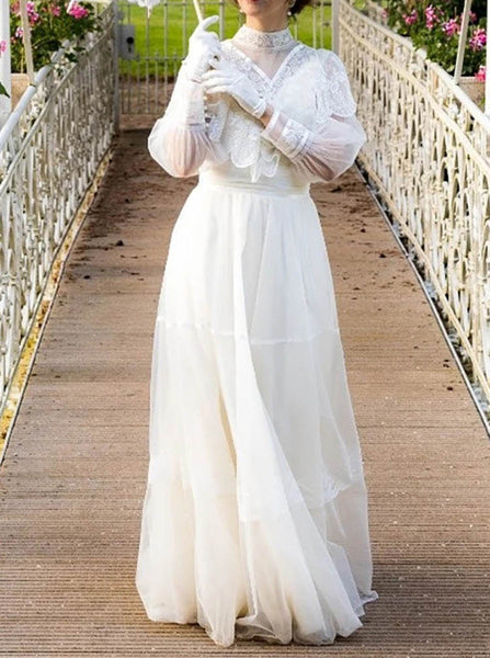 Vintage Wedding Dress,Floor Length Bridal Dress With Sheer Long Sleeve,WS25103105