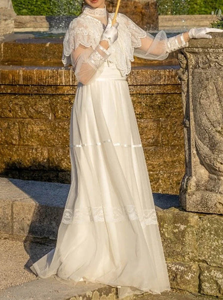 Vintage Wedding Dress,Floor Length Bridal Dress With Sheer Long Sleeve,WS25103105